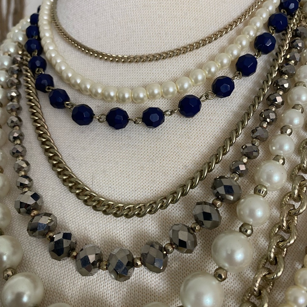 Offer?  AnnTaylor modern glamorous multi strand necklace chain pearl bold blue - Picture 6 of 10
